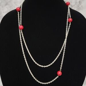 Red Beaded Necklace 53"‎ Long White Cable Chain Plastic Beads Costume Jewelry